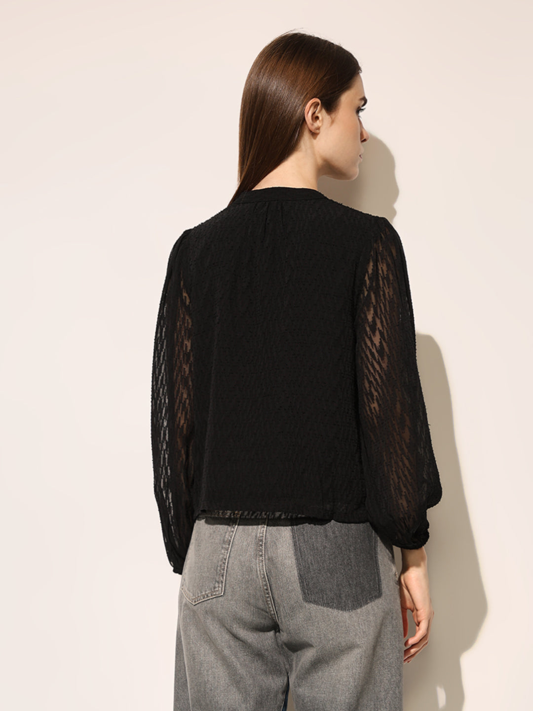 Black Textured V Neck Top