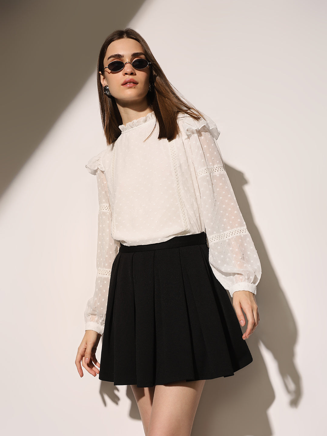 White Textured Dobby Frill Top