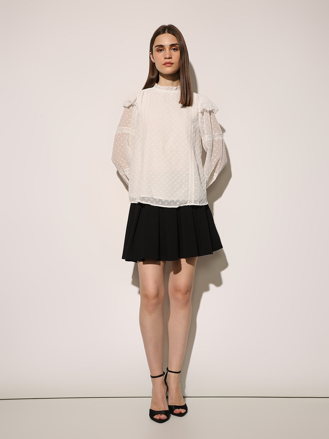 White Textured Dobby Frill Top