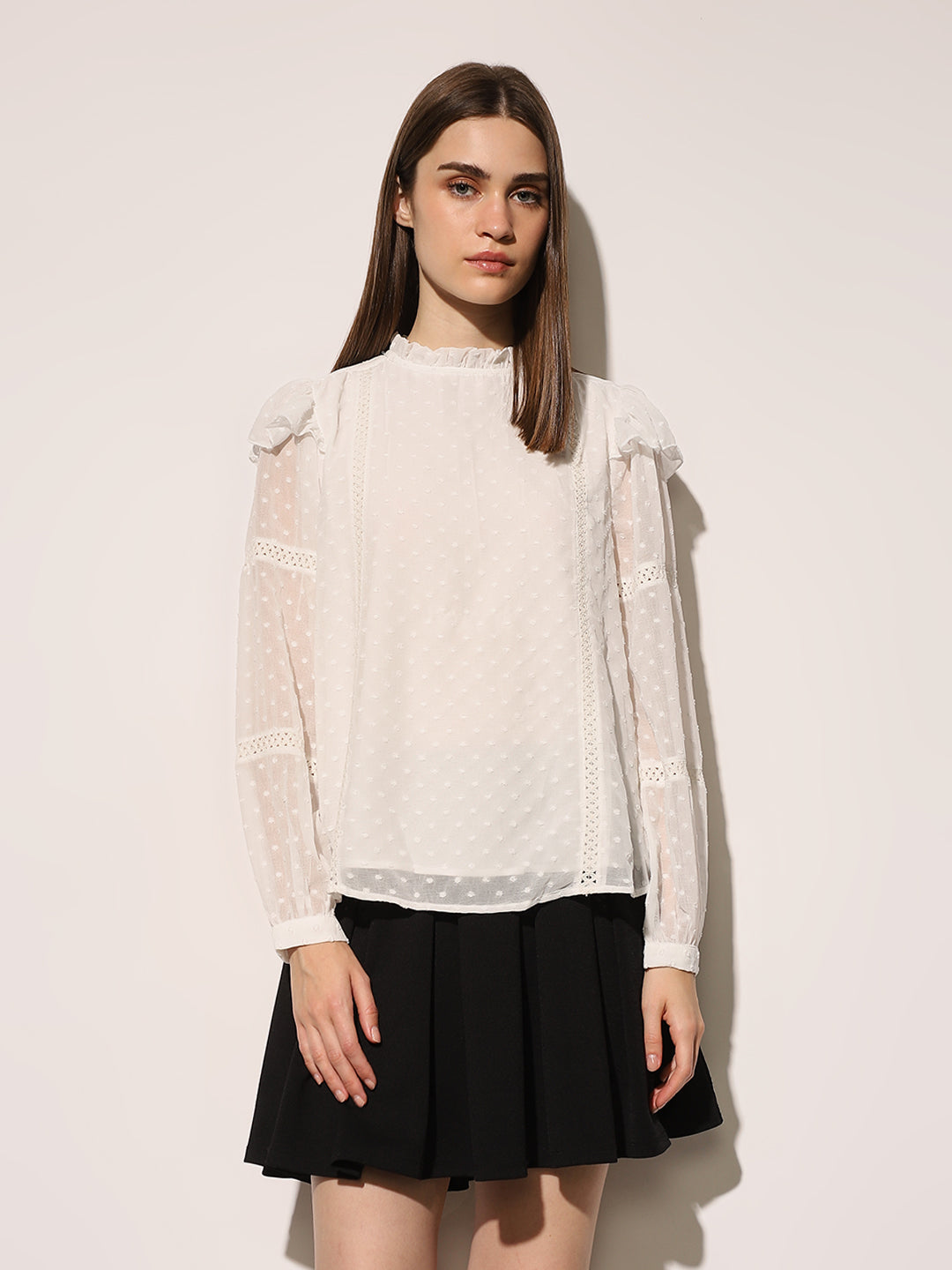 White Textured Dobby Frill Top