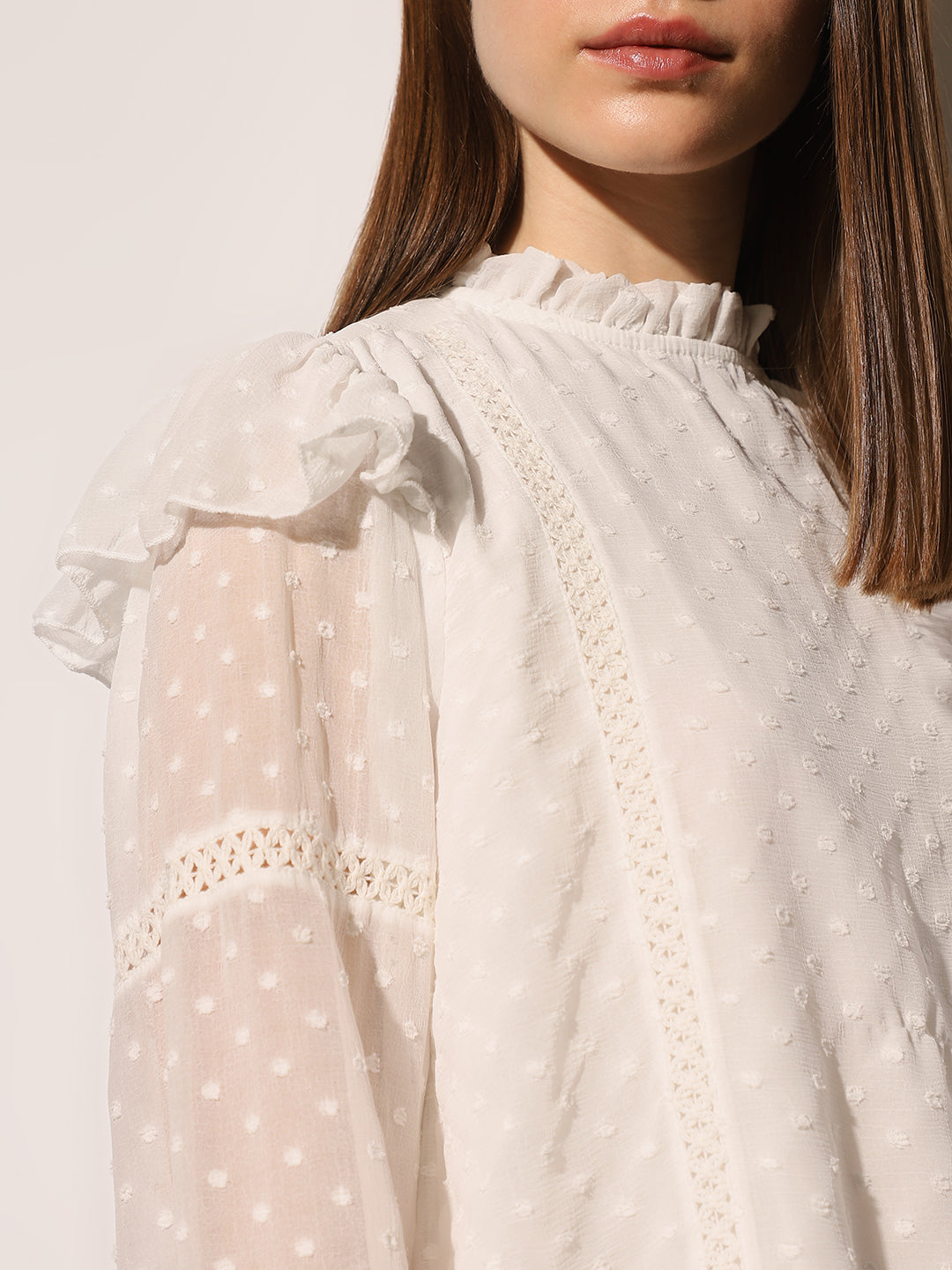 White Textured Dobby Frill Top