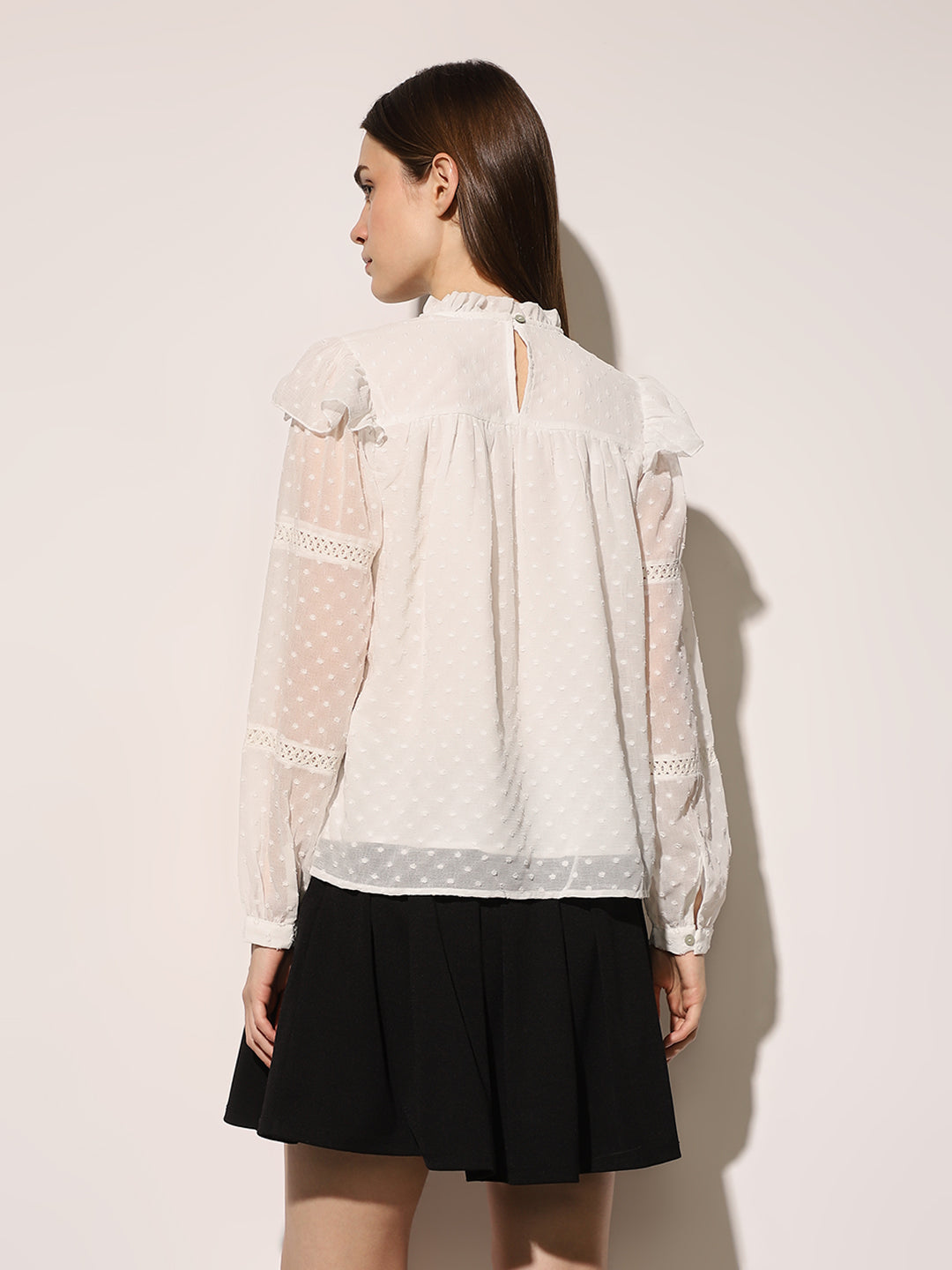 White Textured Dobby Frill Top