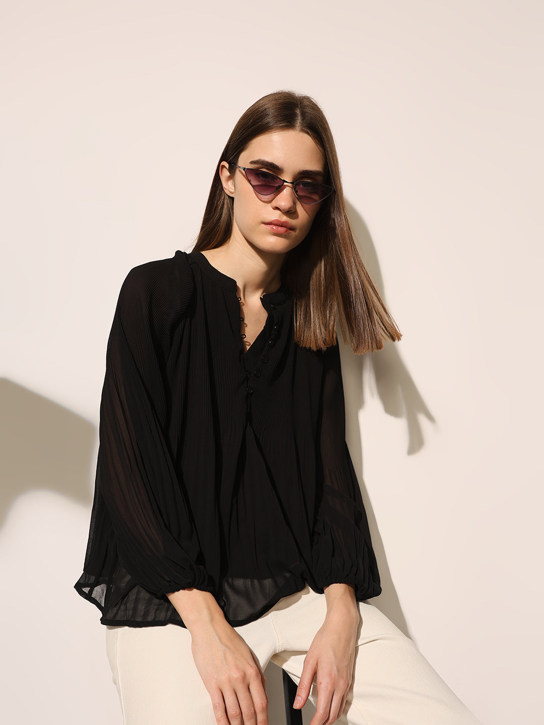 Black Pleated Flared Top