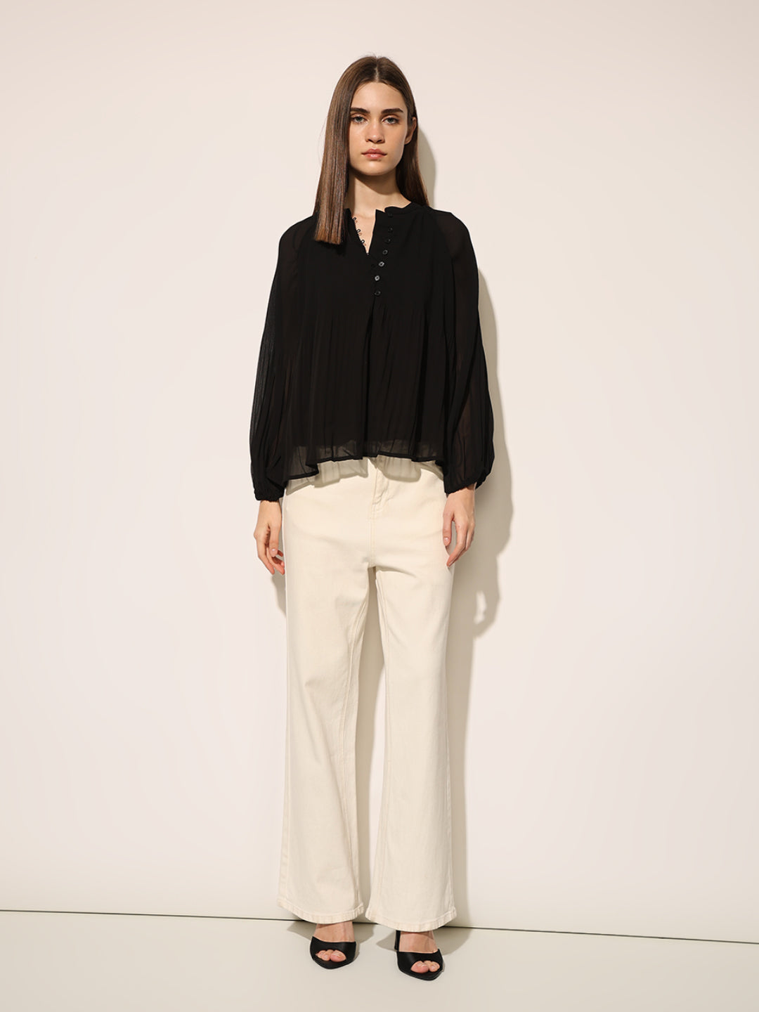 Black Pleated Flared Top