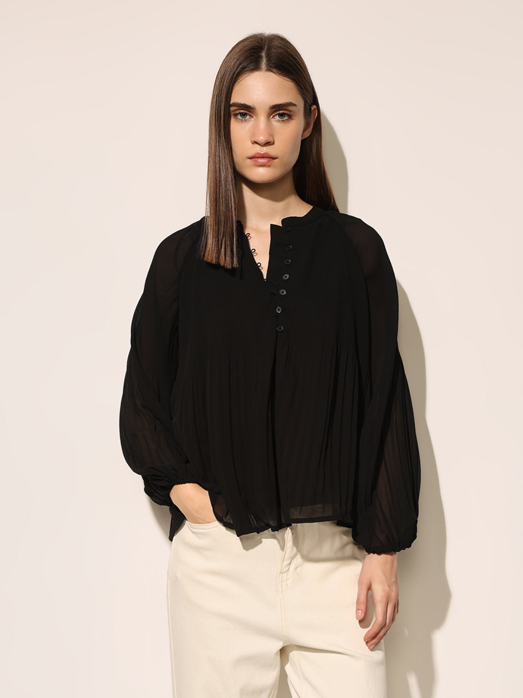 Black Pleated Flared Top