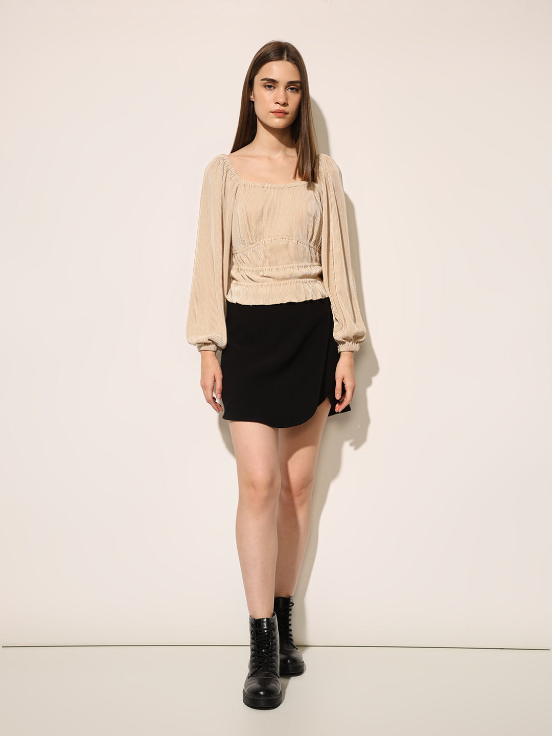 Beige Plisse Top