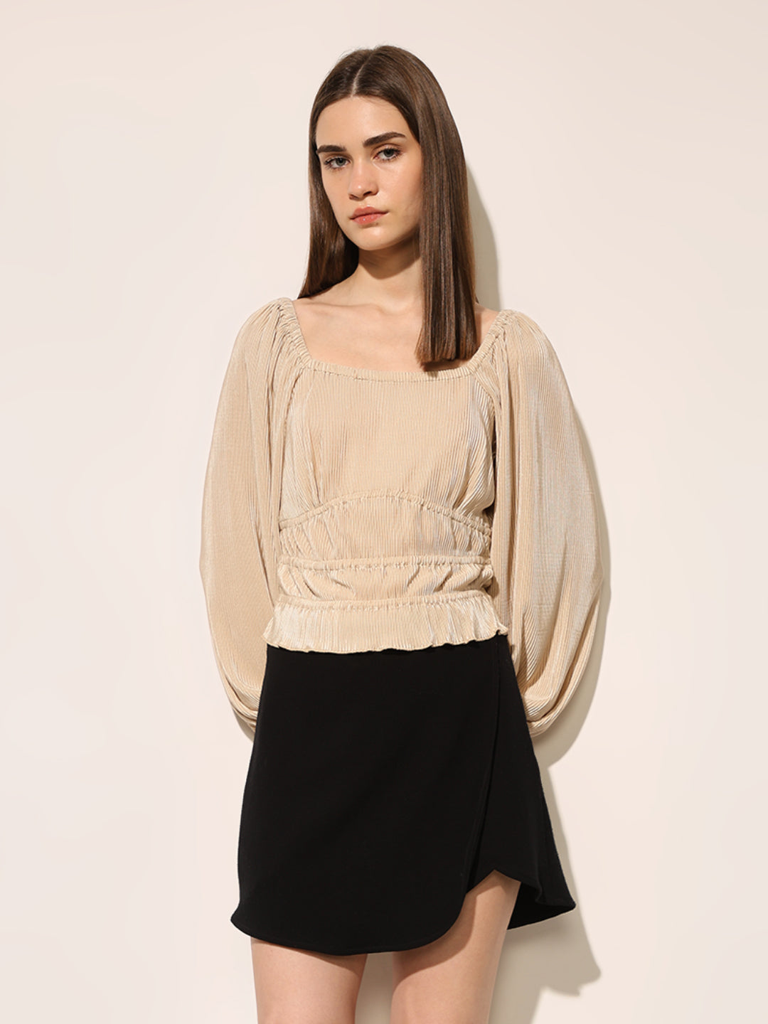 Beige Plisse Top