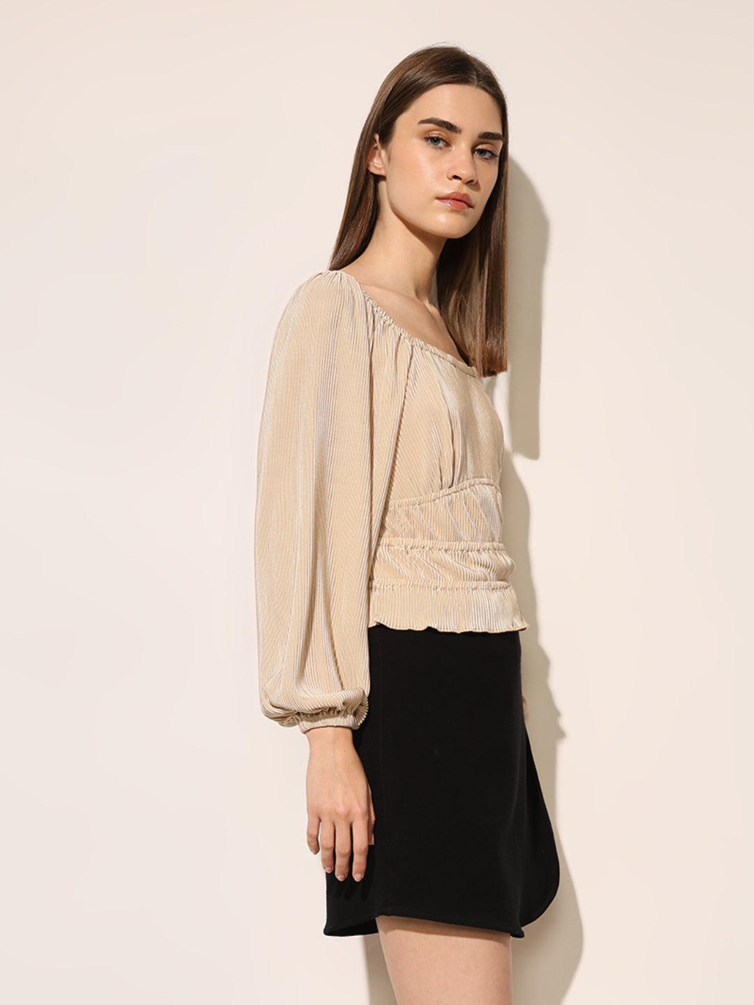 Beige Plisse Top