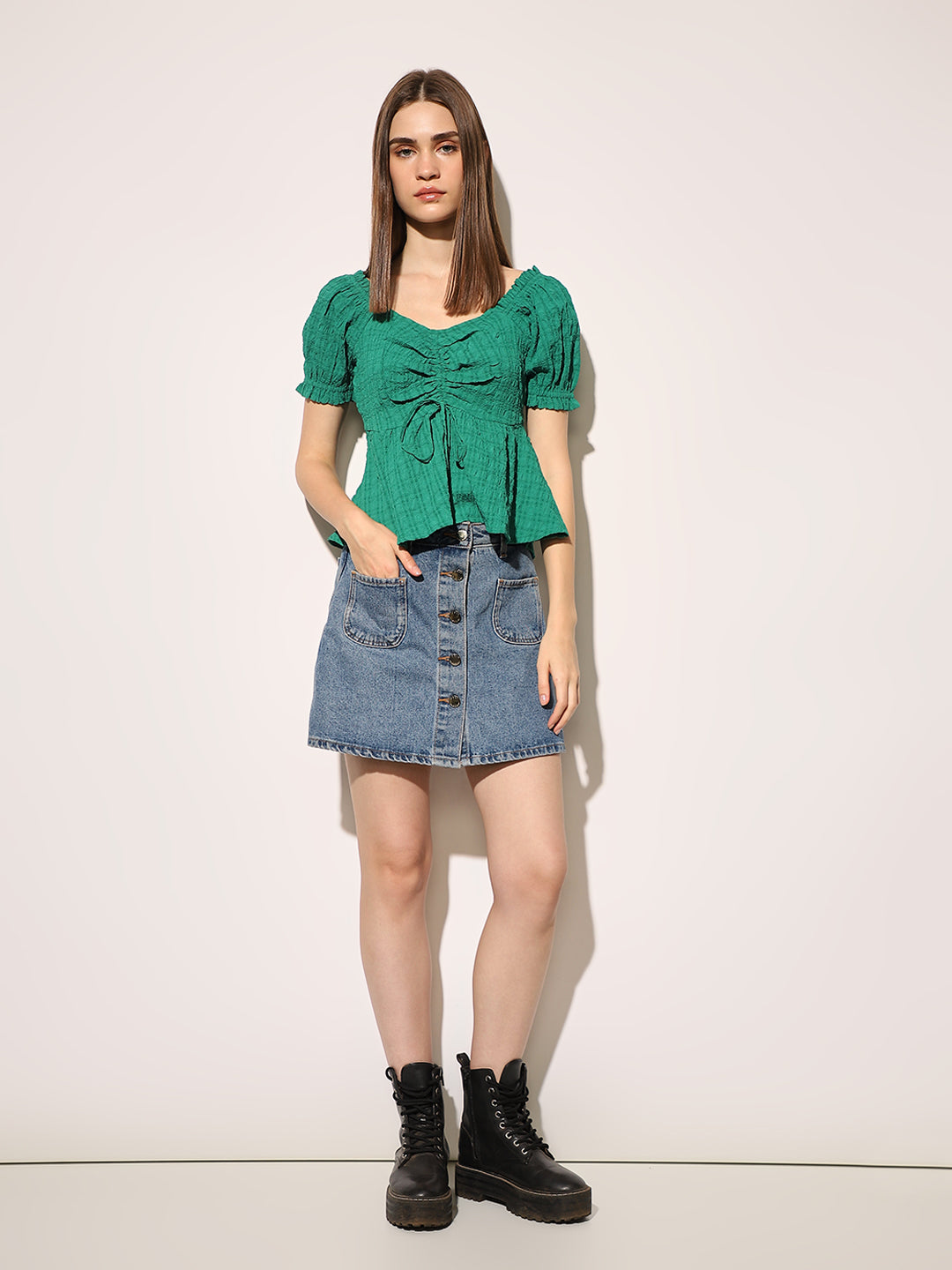 Green Textured Peplum Top