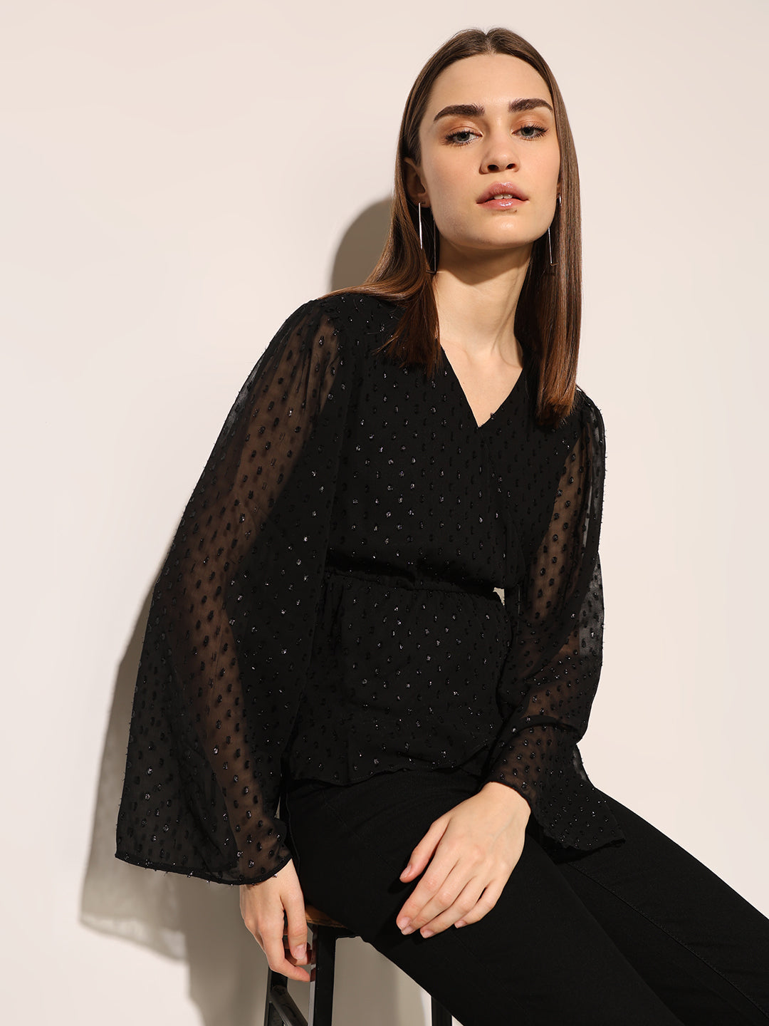 Black Shimmer V Neck Top