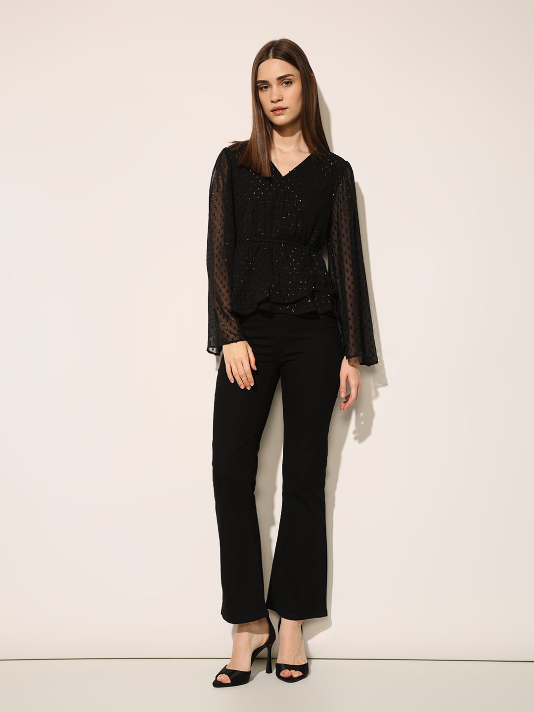 Black Shimmer V Neck Top