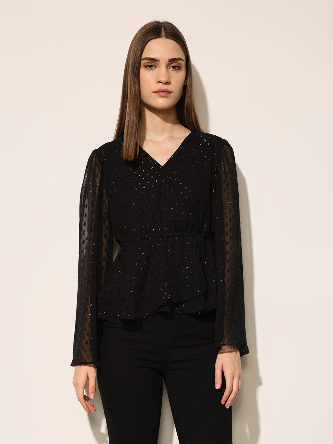 Black Shimmer V Neck Top