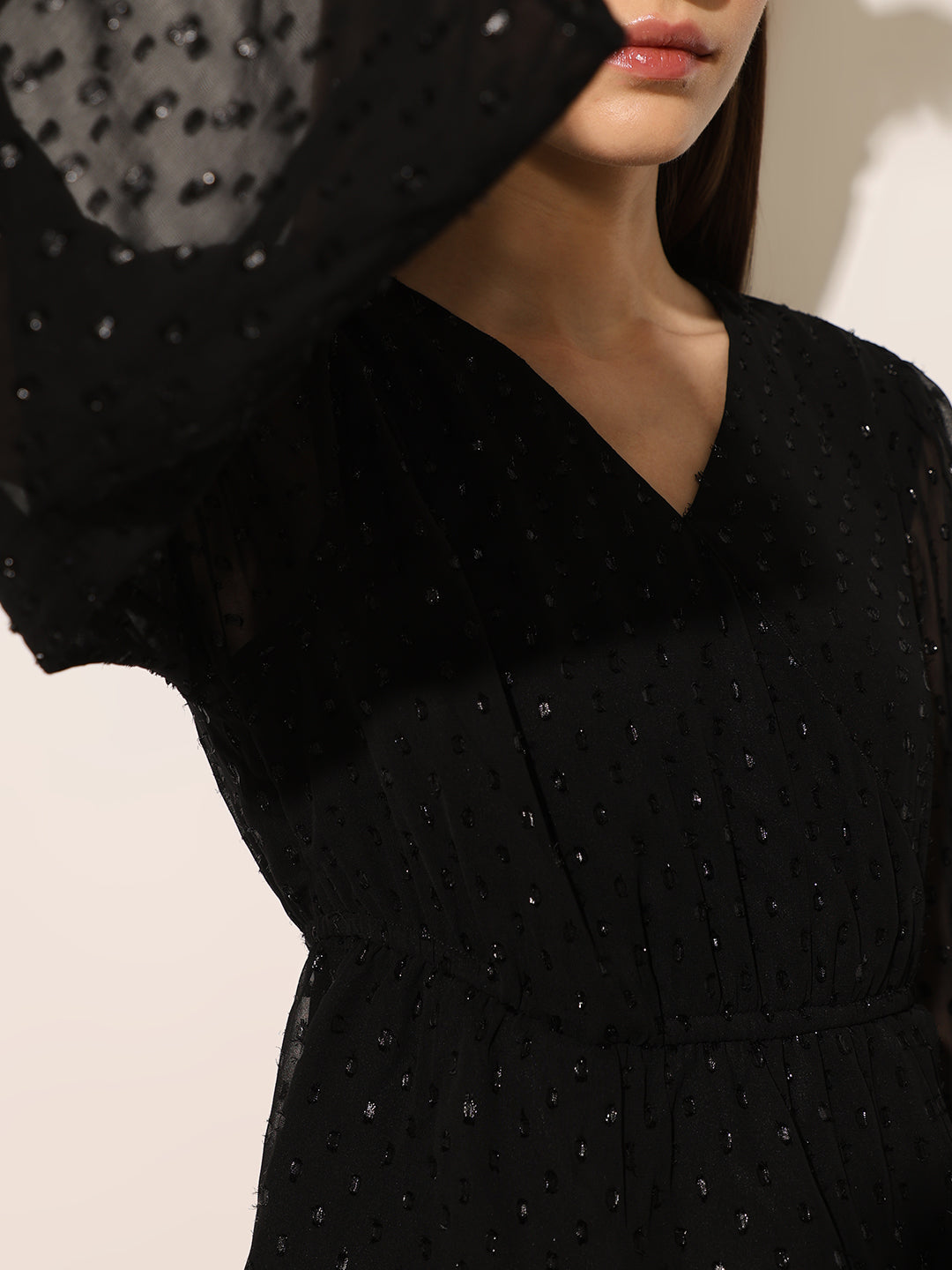 Black Shimmer V Neck Top