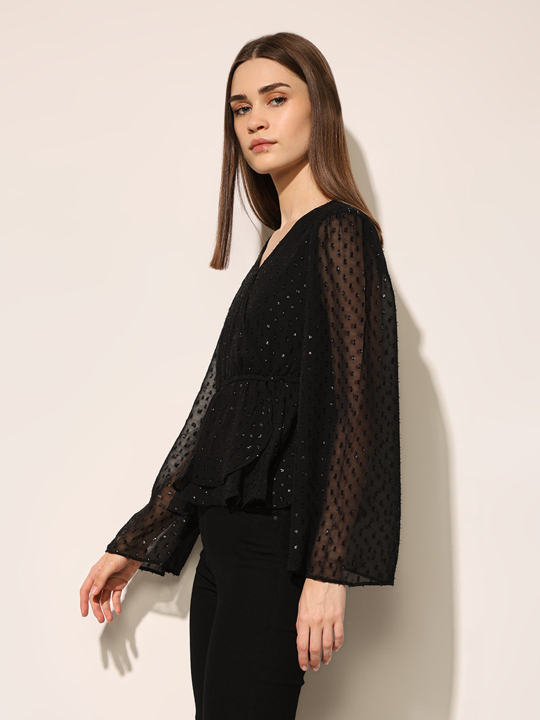 Black Shimmer V Neck Top