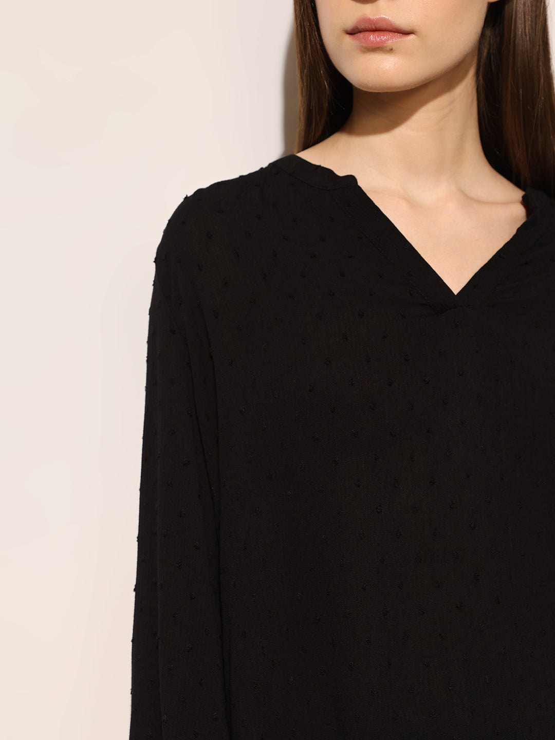Black Dobby V Neck Top