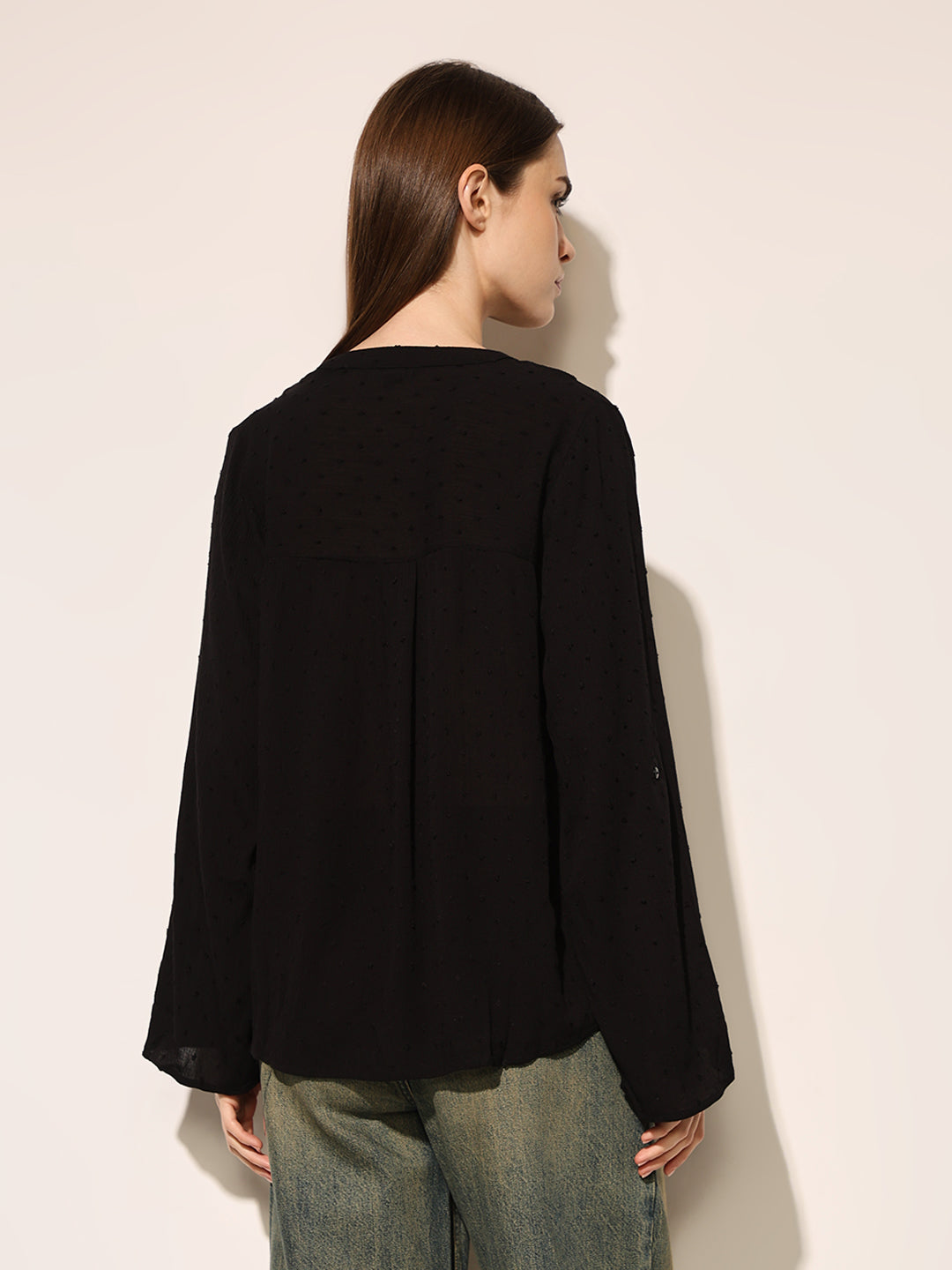 Black Dobby V Neck Top