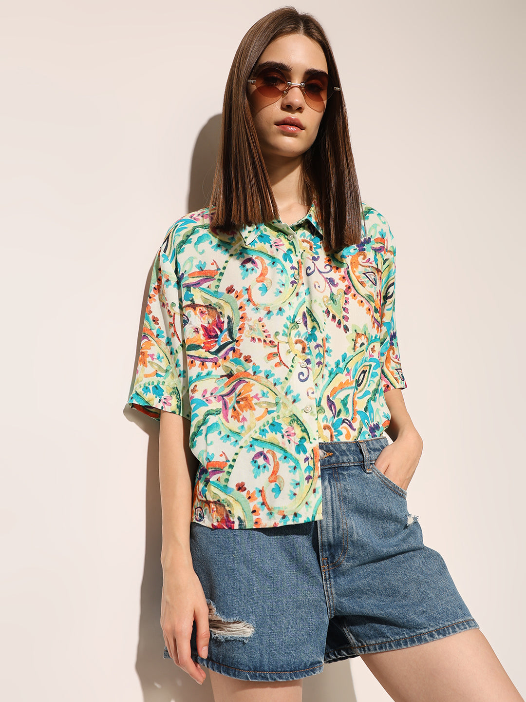 White Printed Loose Fit Shirt