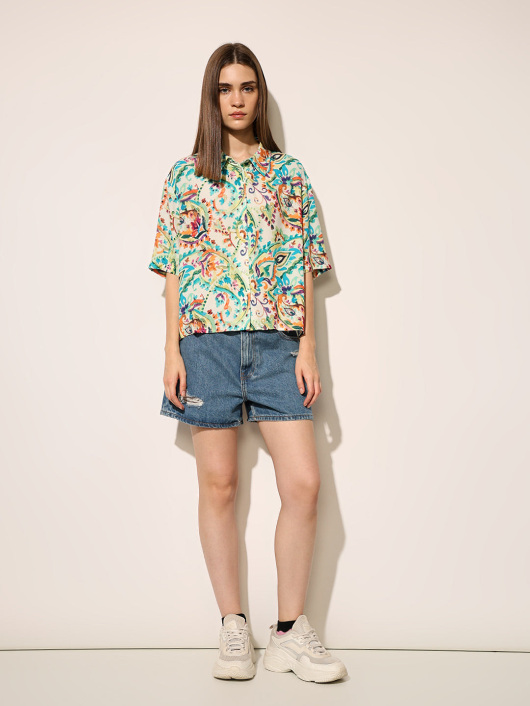 White Printed Loose Fit Shirt