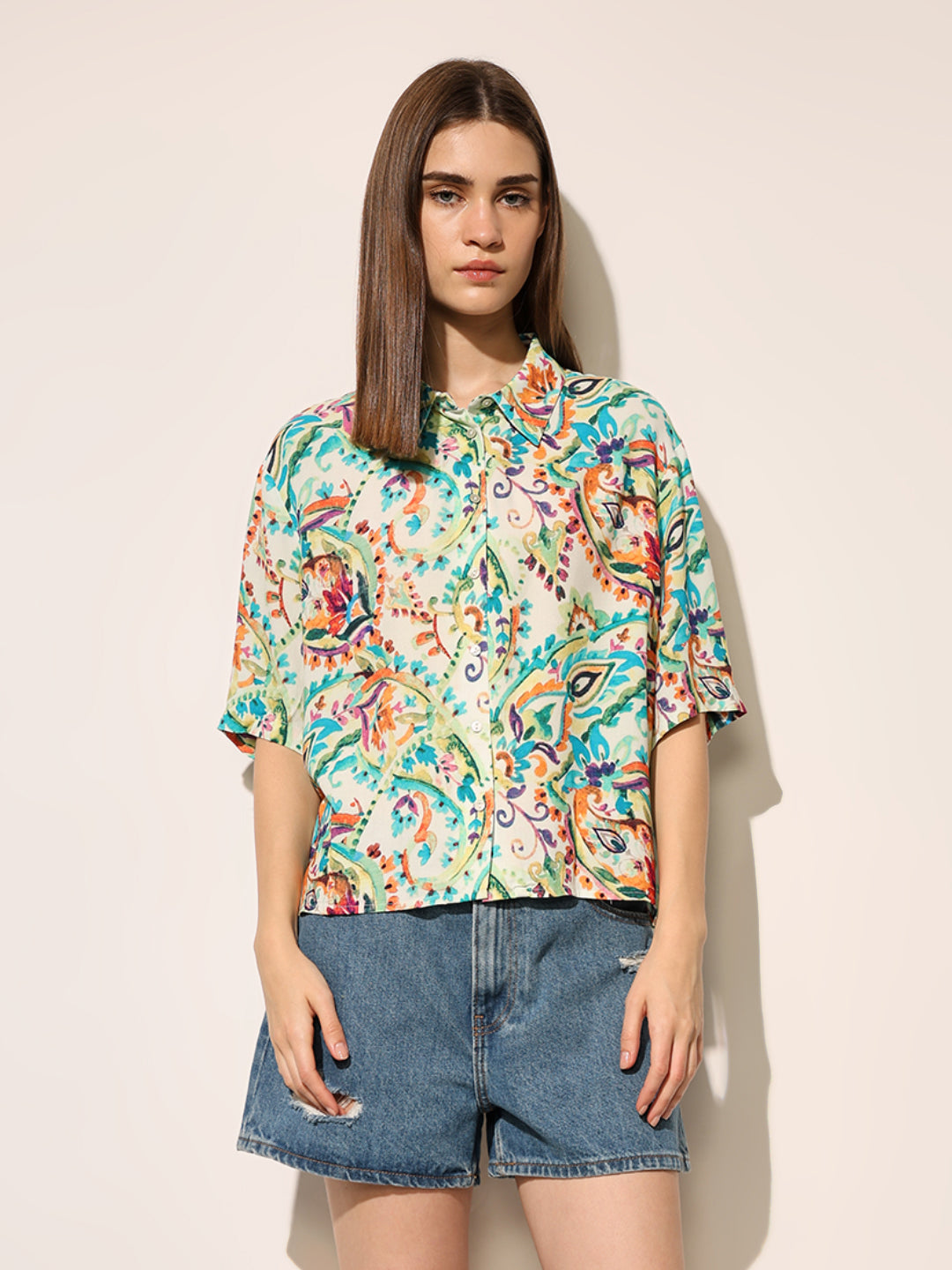 White Printed Loose Fit Shirt