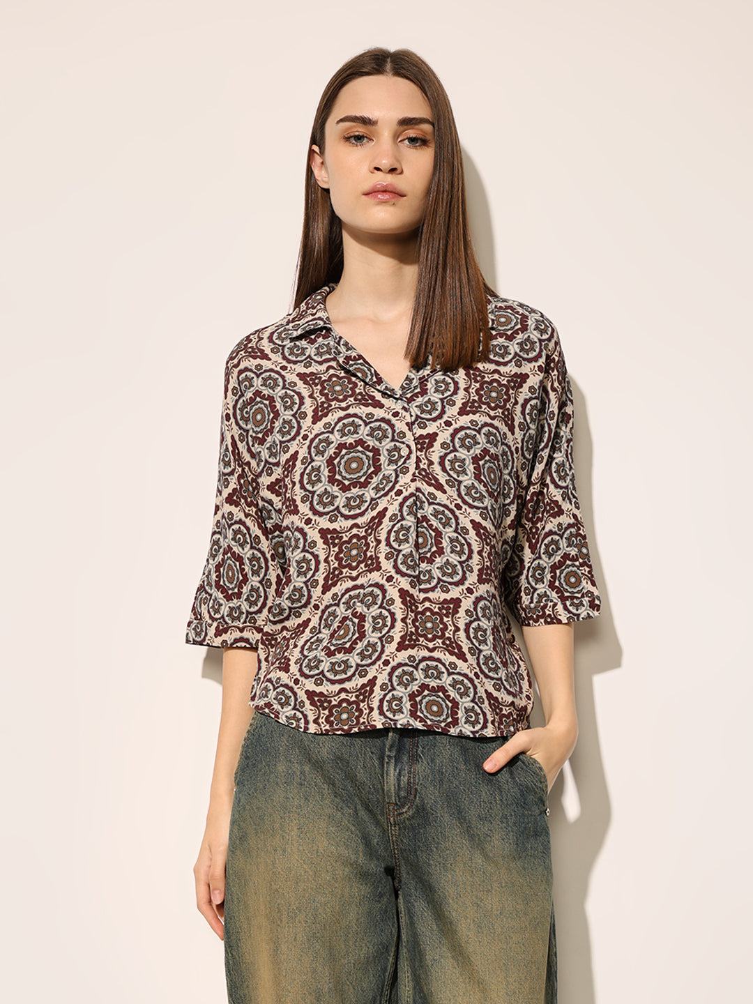 Brown Aztec Printed Viscose Shirt