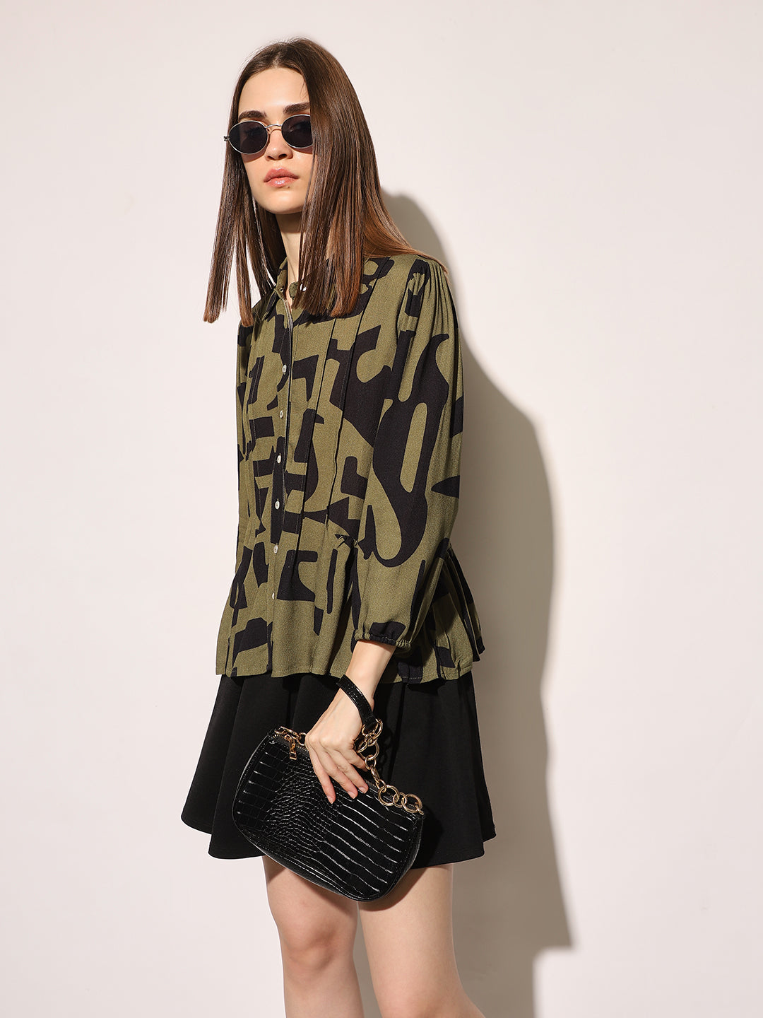 Green Printed Peplum Shirt