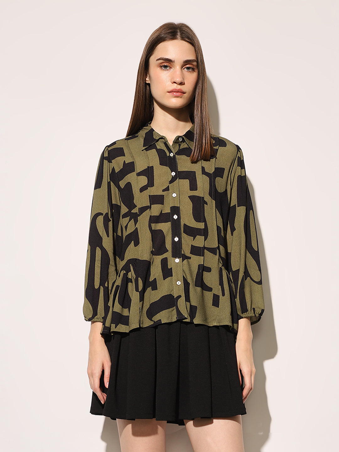 Green Printed Peplum Shirt