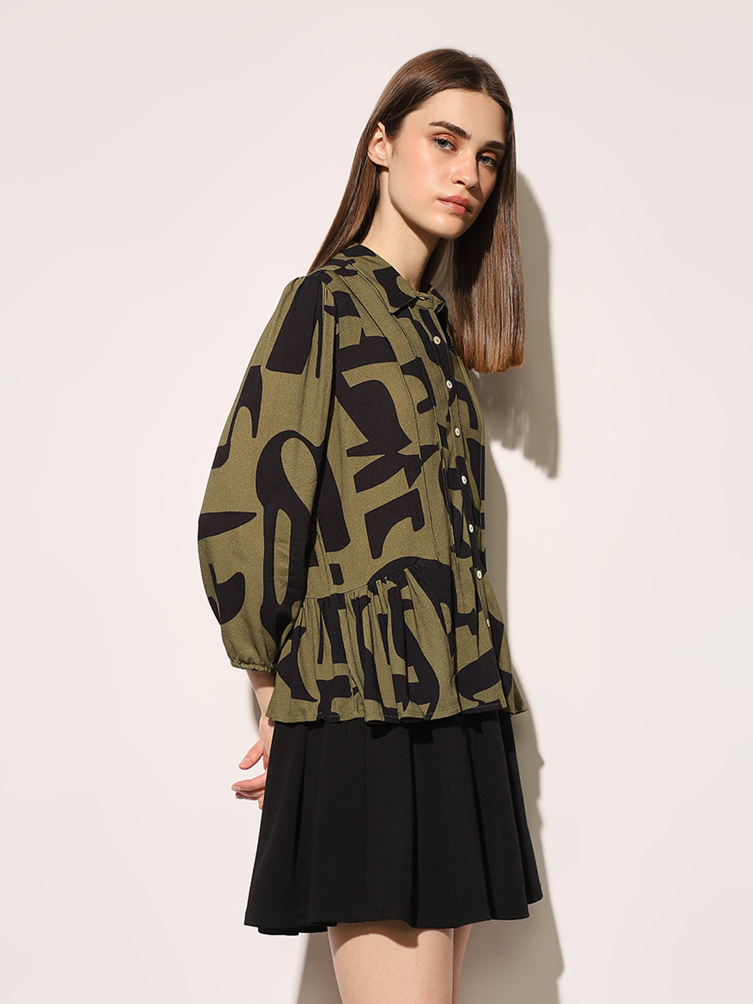 Green Printed Peplum Shirt