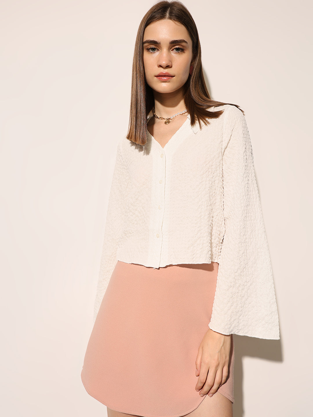 White Textured Flared Sleeves Shirt