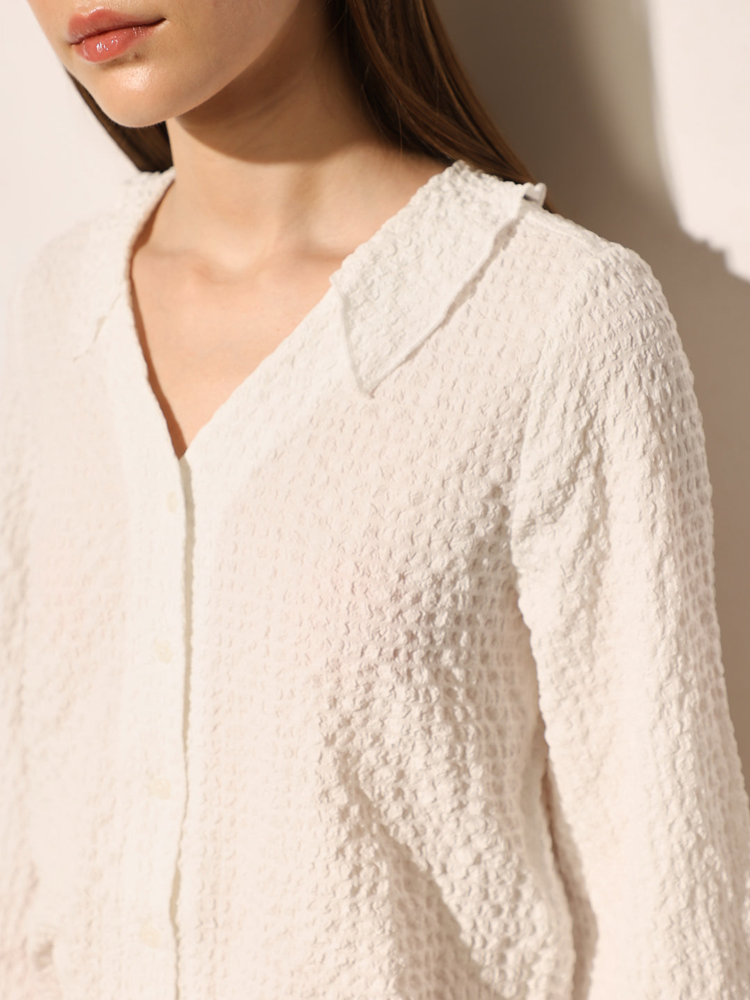 White Textured Flared Sleeves Shirt