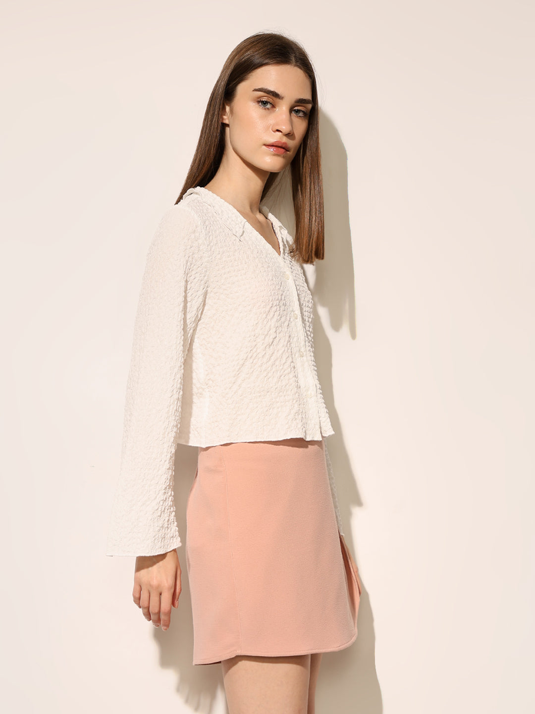 White Textured Flared Sleeves Shirt