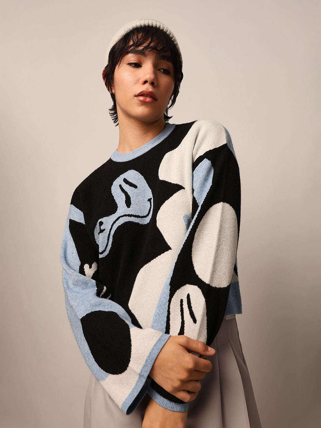 Black Printed Jacquard Knit Pullover