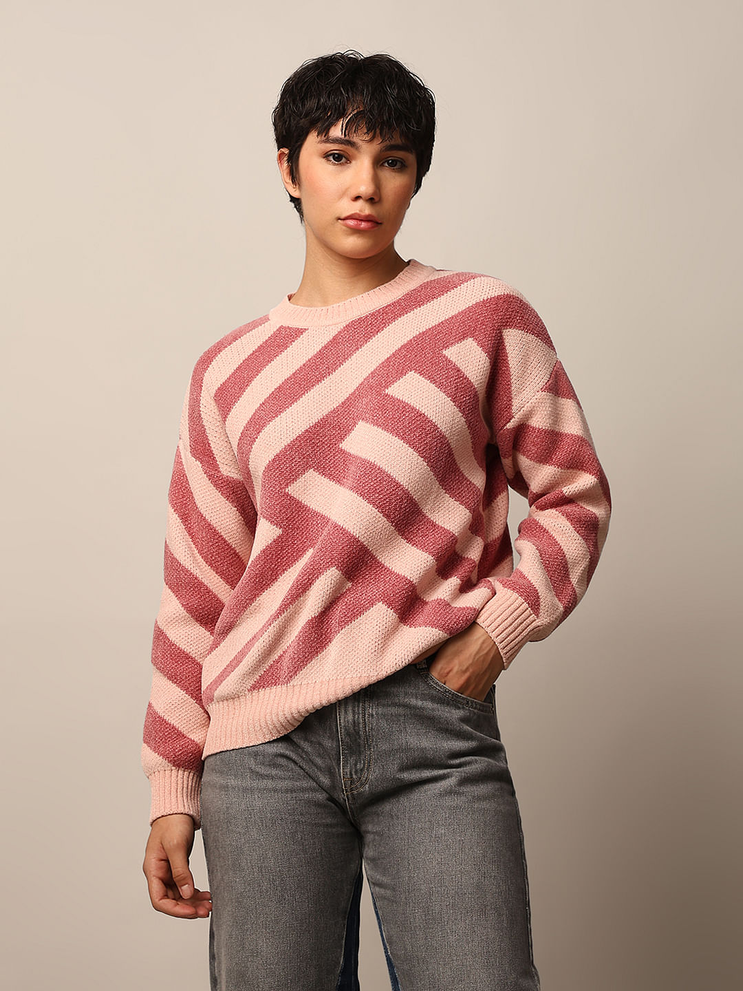 Pink Printed Jacquard Knit Pullover