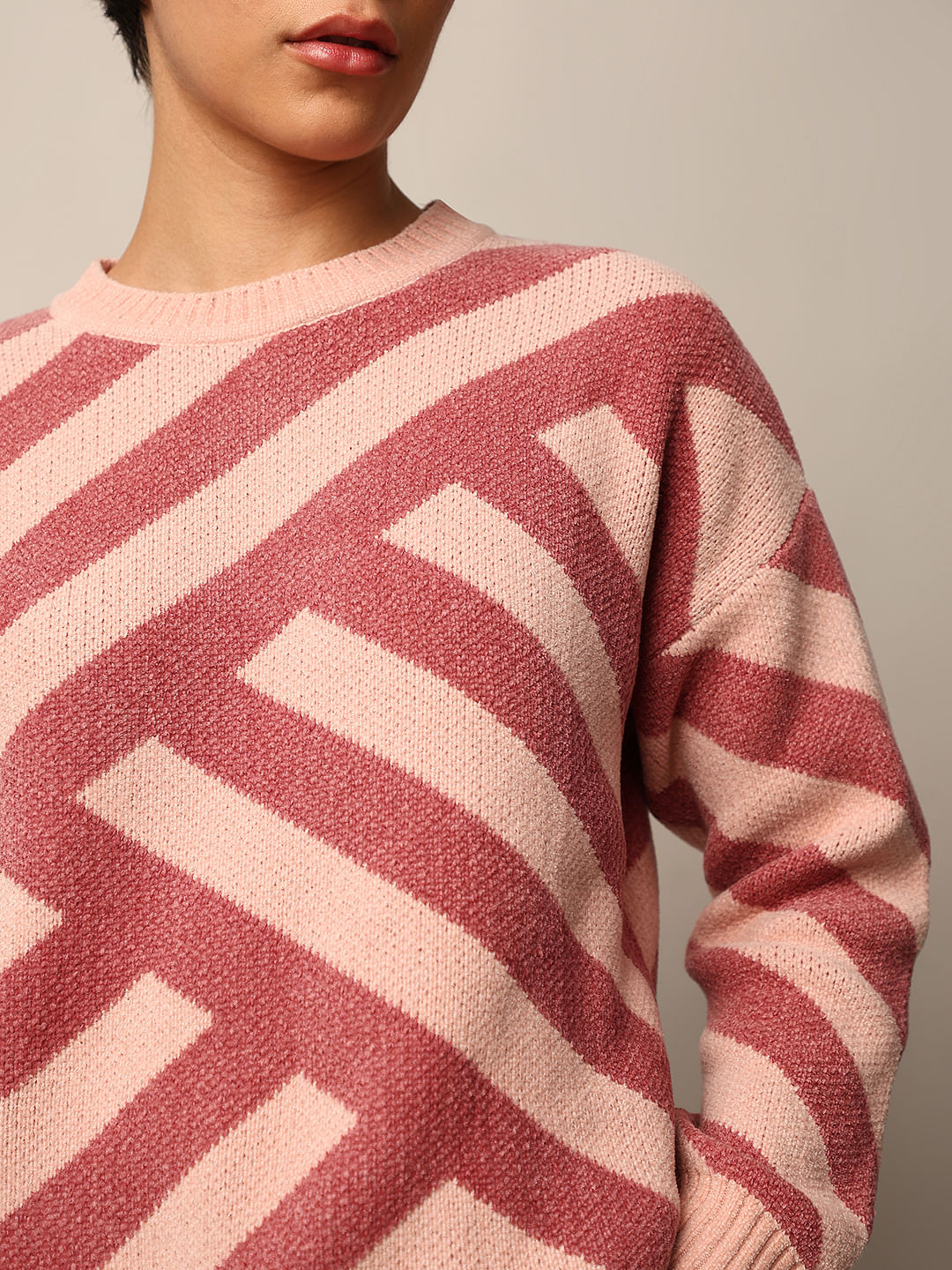 Pink Printed Jacquard Knit Pullover