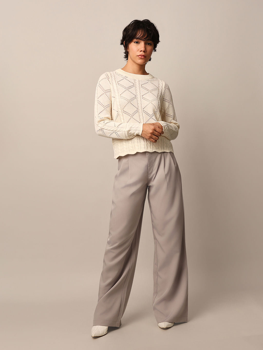 Beige Pointelle Knit Pullover
