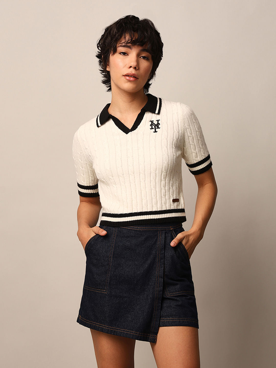 White Ribbed Knit Polo