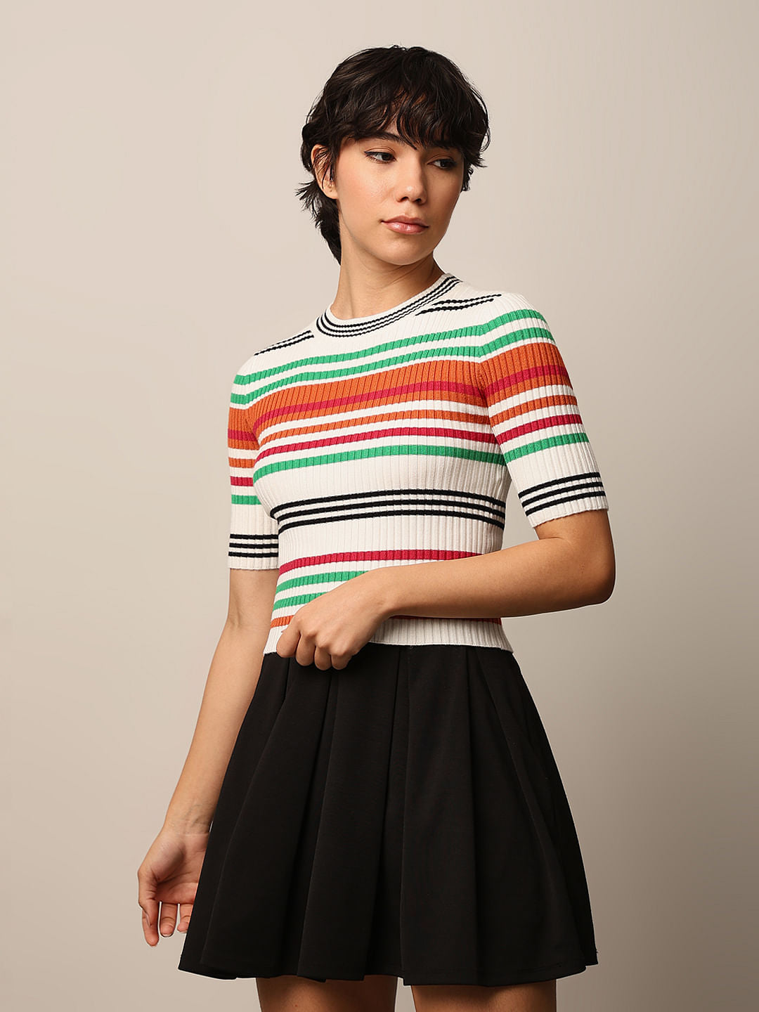 White Striped Cropped Knit Top