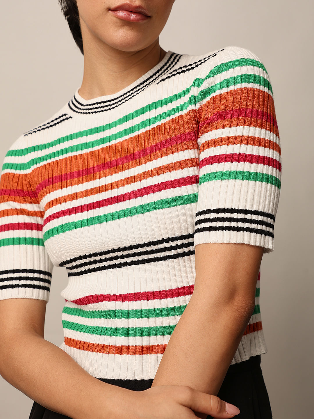 White Striped Cropped Knit Top