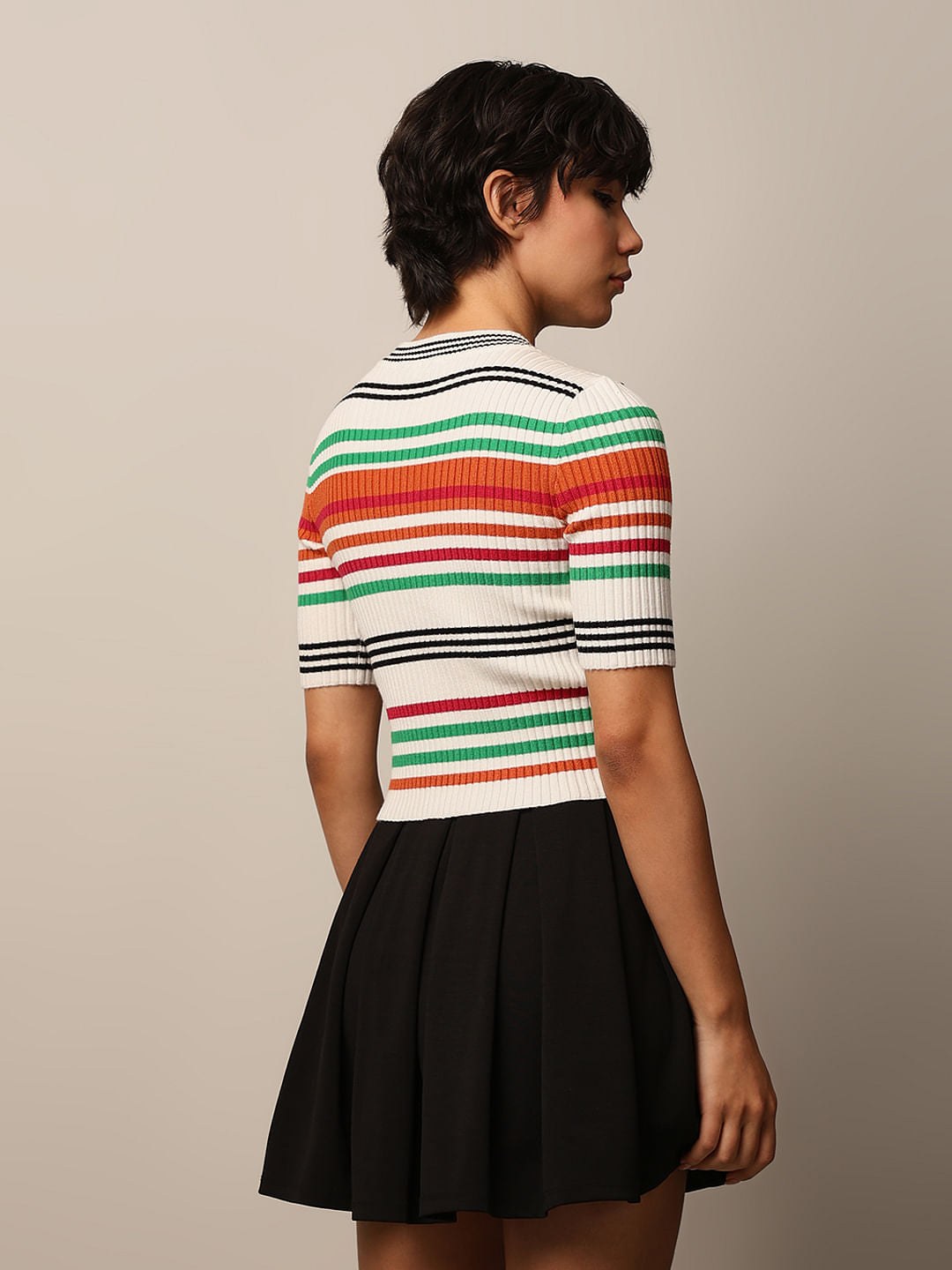 White Striped Cropped Knit Top