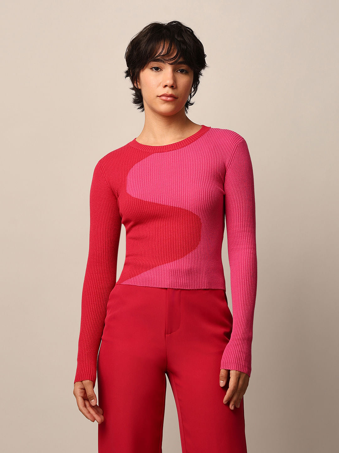 Red Colourblocked Pullover
