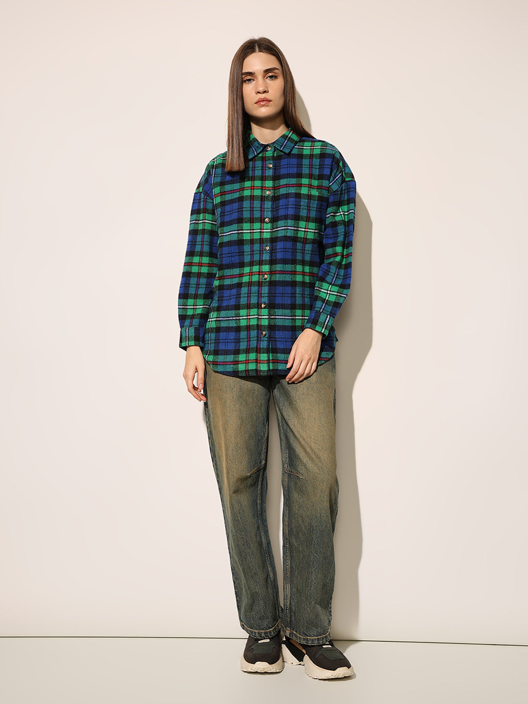 Green Flannel Check Oversized Shirt