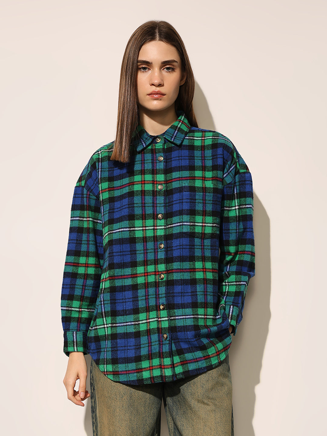 Green Flannel Check Oversized Shirt