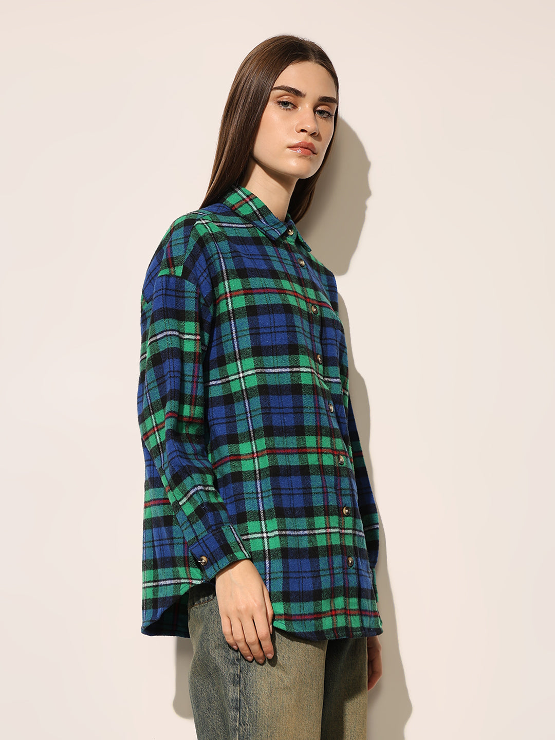 Green Flannel Check Oversized Shirt