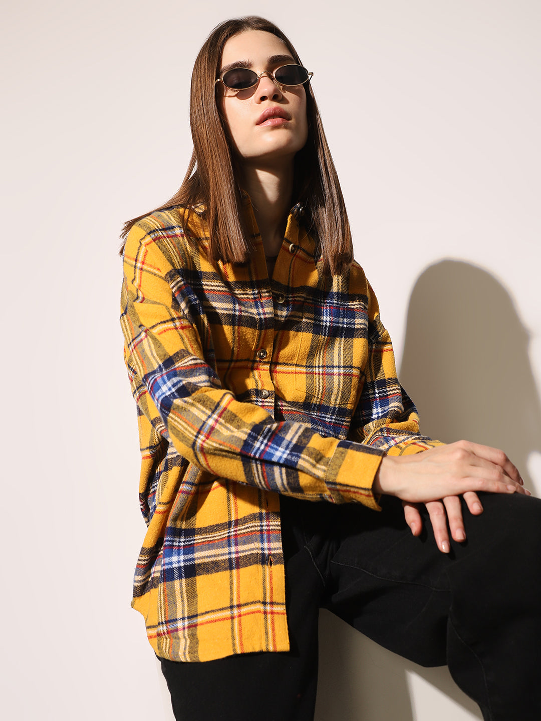 ONLY Yellow Flannel Check Oversized Shirt