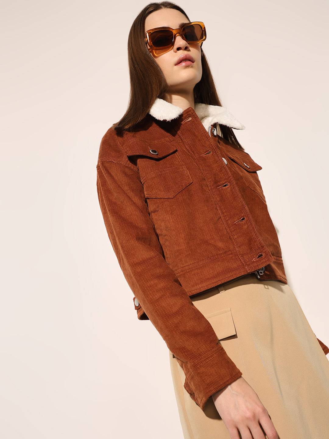 Brown Teddy Collar Corduroy Jacket