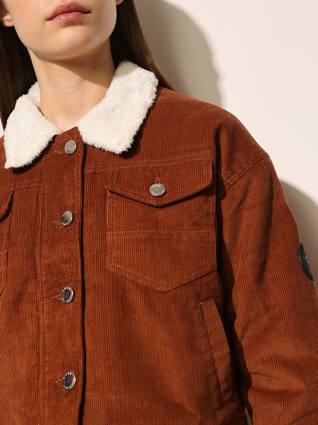 Brown Teddy Collar Corduroy Jacket