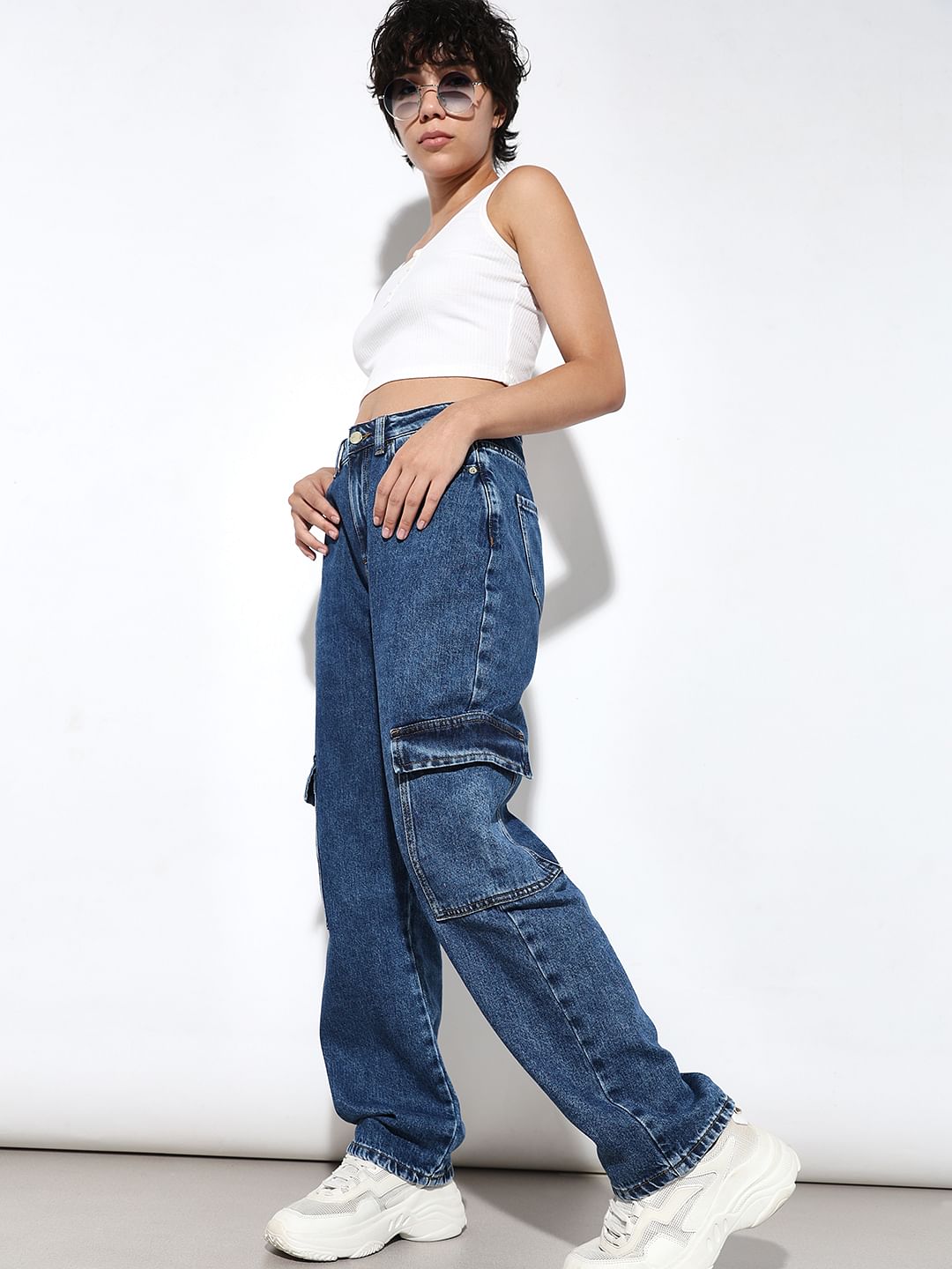 Blue Mid Rise Relaxed Fit Cargos