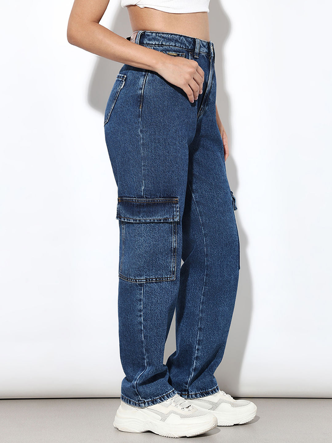 Blue Mid Rise Relaxed Fit Cargos