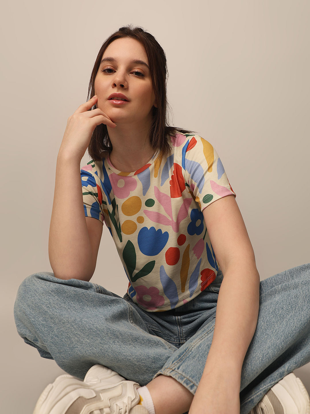 White Printed Ribbed T-Shirt