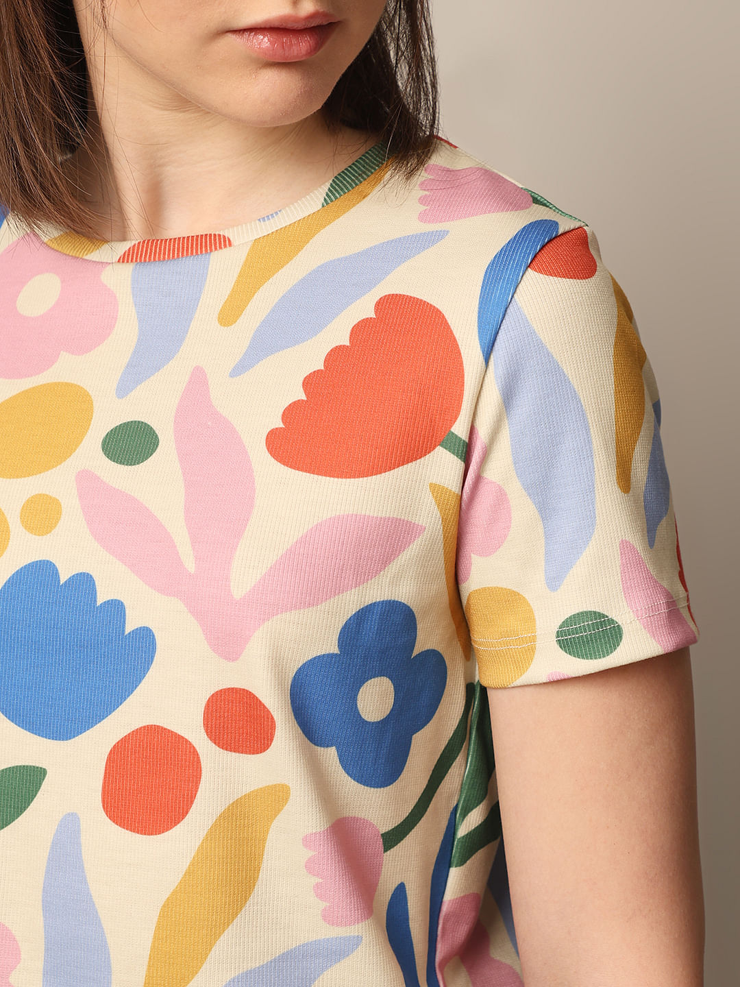 White Printed Ribbed T-Shirt