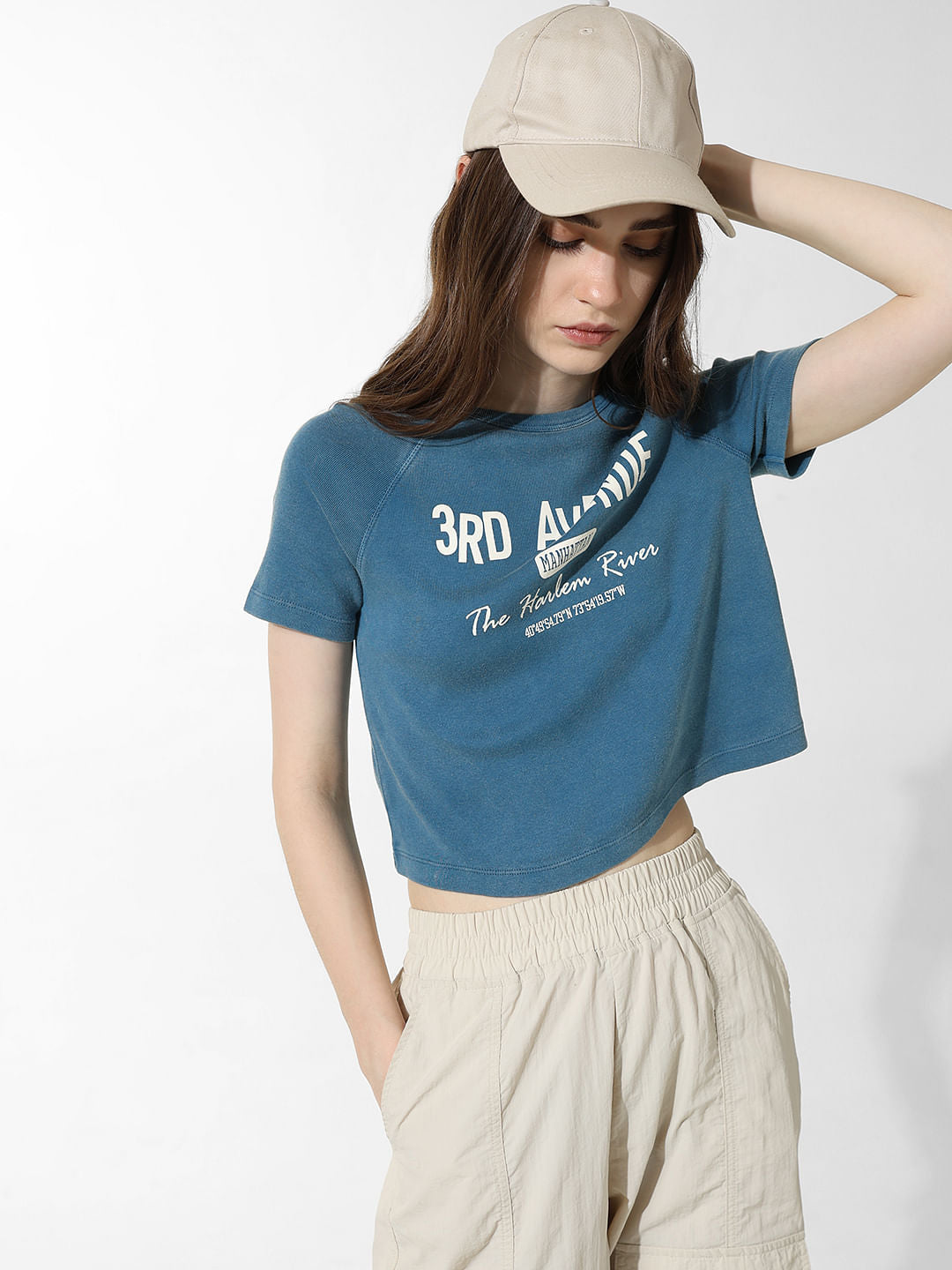Blue Cropped Washed T-Shirt